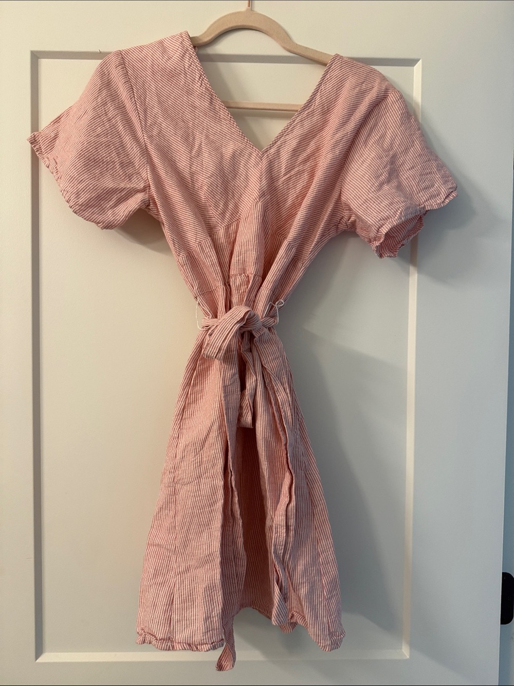 GAP Pink Seersucker V-Neck Midi Dress with Tie Waist